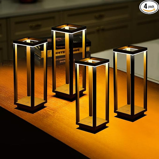 4 Pack Cordless Table Lamp Rechargeable, IP55 Waterproof, 60h Runtime Protable Outdoor Table Lamps, 3 Color Stepless Dimming Battery Powered Table Lamp for Dinner/Restaurant/Bedroom/Cafe