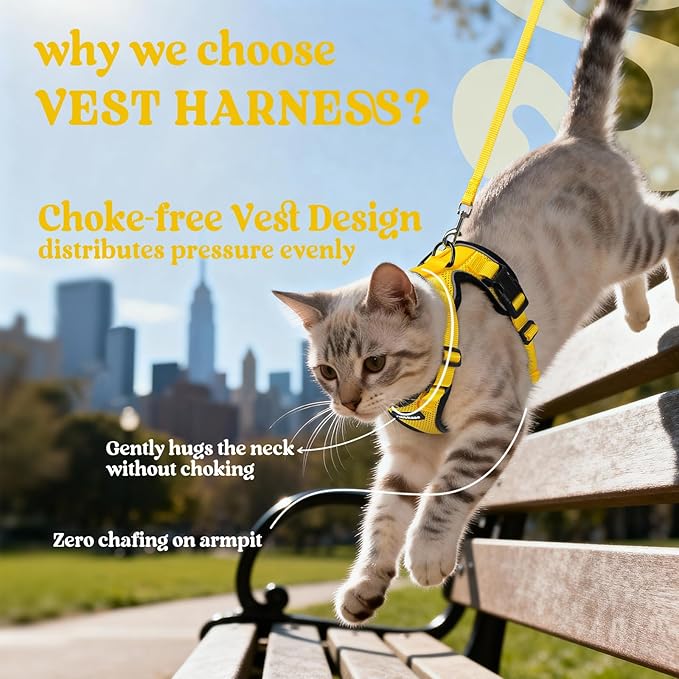 rabbitgoo Cat Harness and Leash for Walking, Escape Proof Soft Adjustable Vest Harnesses for Cats, Easy Control Breathable Reflective Strips Jacket, Yellow, S