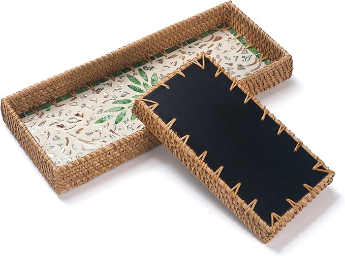 2 Pack Rattan Bathroom Vanity Tray with Mother of Pearl Inlay, Toilet Tank Tray, Toilet Basket Tank Topper, Bathroom Basket for Organizing and Decor (Green Leaves)