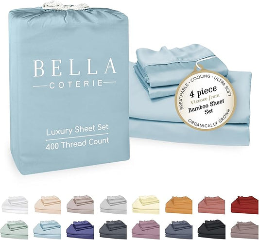 Bella Coterie Luxury Bamboo Viscose 34” Split Top King Size Sheet Set | 1 Fitted Sheet for Sleep Number & Adjustable Beds | 100% Organically Grown | Cooling & Soft | 18” Deep Pocket [Coastal Blue]