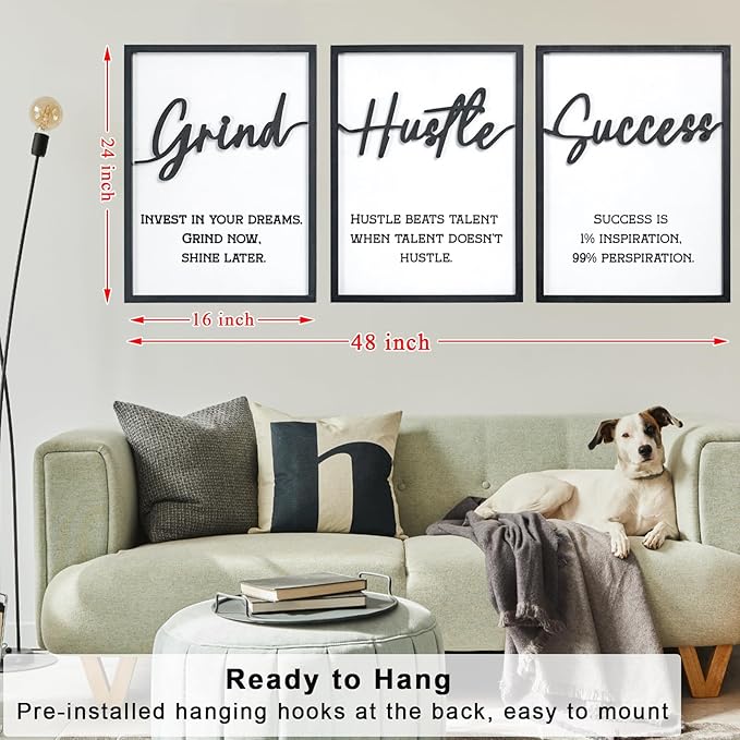 3D Wood Inspirational Office Wall Decor, 48" x 24" Framed Grind Hustle Success Motivational Wall Art, Positive Quotes Wall Art for Home Office Bedroom (Ready to Hang, Set of 3, Framed)