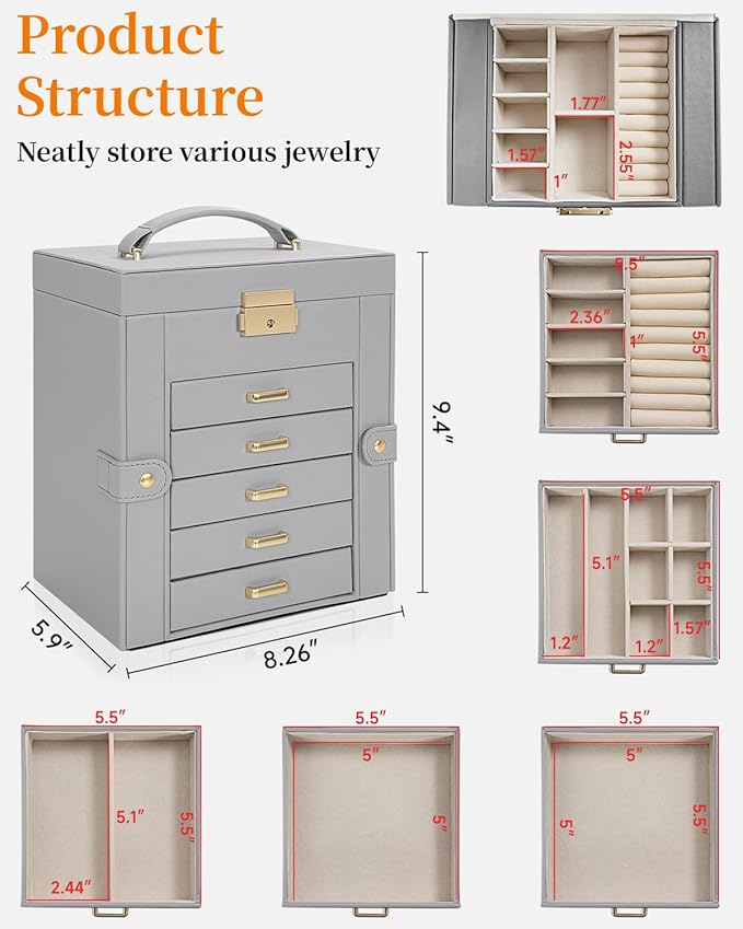 TORIBIO Large Jewelry Box for Women, Leather Jewelry Organizer with Mirror & Lock, 6-Tier Jewelry Storage Case for Girls/Women/Mothers, Necklace Earring Bracelets Holder Organizer