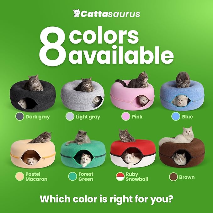 Cattasaurus Peekaboo Cat Cave, Extra Spacious for Multiple & Large Cats 12+ lbs, Scratch Detachable Cat Beds for Indoor Cats, Washable Tunnel Bed, Comfy Donut Tunnel (Ruby Snowball, Jumbo)