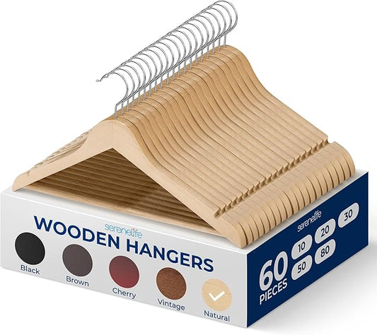 SereneLife Solid Wooden Hangers, Mega Pack, 60 Pieces Hangers for Clothes, Heavy Duty Suit Hanger Set with Chrome 360 Degree Swivel Hook, Notched Design, Natural Wood Color