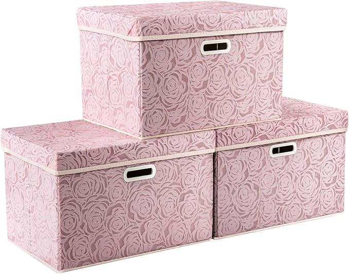 PRANDOM Larger Collapsible Storage Boxes with Lids Fabric Decorative Bins Cubes Organizer Containers Baskets Handles Divider for Bedroom Closet Living Room Pink 17.7x11.8x11.8 Inch 3 Pack