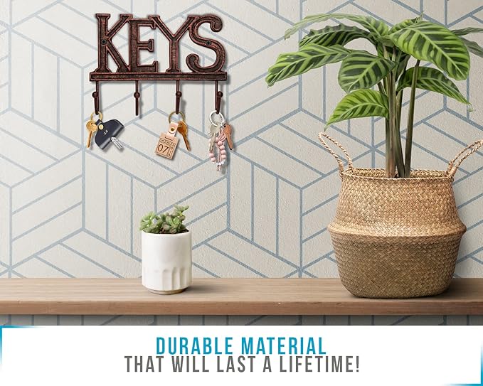 Comfify Key Holder for Wall - Decorative Farmhouse Rustic Wall Mount Key Organizer with 4 Hooks - Vintage Cast Iron Key Rack with Screws and Anchors – 6x8 - Copper with Black