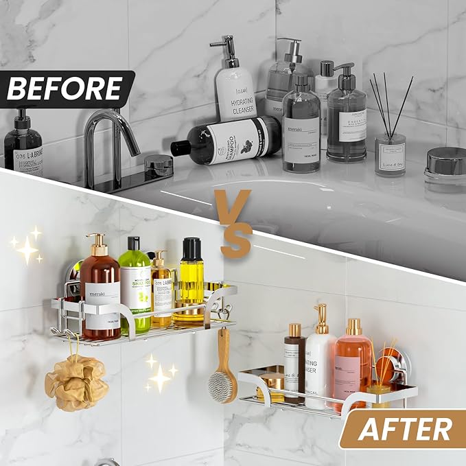 LEVERLOC 2 Pack Shower Caddy Suction Cup, Shower Shelves for Inside, Rustproof Metal Bathroom Storage NO-Drilling Bath Organizer with Large Capacity,Heavy Duty Storage Basket,Home Decor,Silver