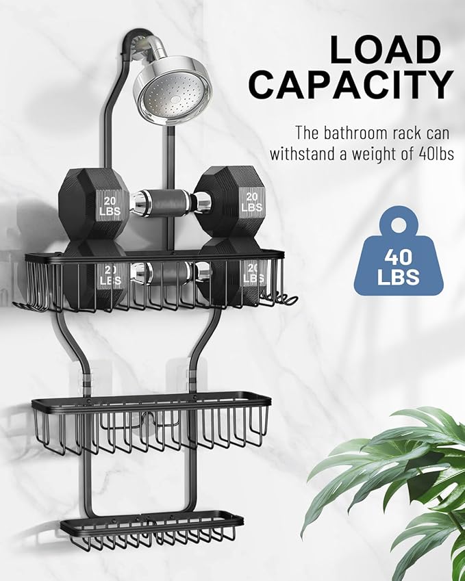 Shower Caddy Hanging - Never Rust Shower Hanging Organizer - Aluminum Over the ShowerHead Caddy with Soap Basket and 6 Hooks for Razor/Sponge (Black)