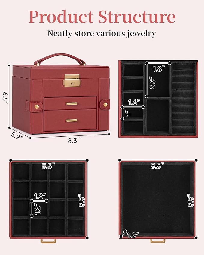 TORIBIO Jewelry Box for Women, Leather Jewelry Organizer with Mirror & Lock, 3-Tier Jewelry Storage Organizer with 2 Drawers for Girls/Women/Mothers, Necklace Earring Bracelets Holder Organizer