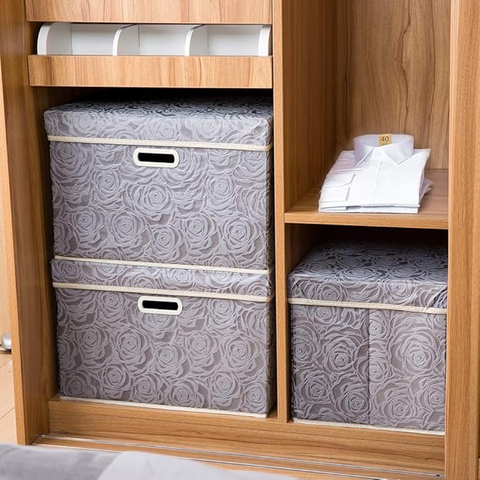 PRANDOM Larger Collapsible Storage Box with Lid [1-Pack] Fabric Decorative Storage Bin Cube Organizer Container Basket with Cover Handles for Bedroom Closet Living Room Gray 17.7x11.8x11.8 Inch