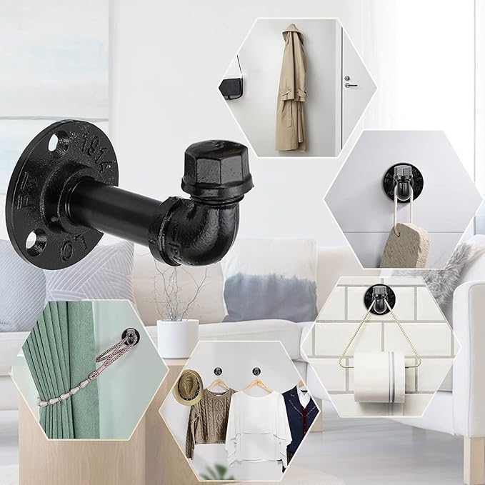 Sumnacon 3 Pcs Industrial Pipe Coat Hook Racks - Heavy Duty Rustic Clothes Towel Holder Hanger, Wall Mounted with Hardware for Home, Office, Electroplated Black Finish