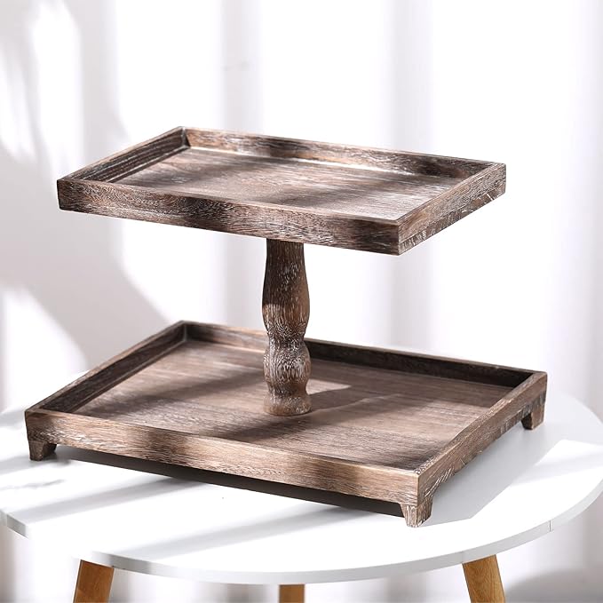 Farmhouse Tiered Tray Stand - Wooden Rustic 2 Tier Rectangular Tray Serving Stand for House Kitchen Cake(Brown)
