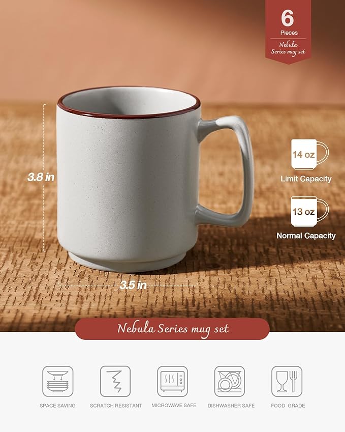 famiware Coffee Mugs Set of 6, Nebula 14oz Coffee Mugs, Ceramic Cup Set with Handle for Latte, Tea, Milk, Cappuccino, Cocoa, Light Gray