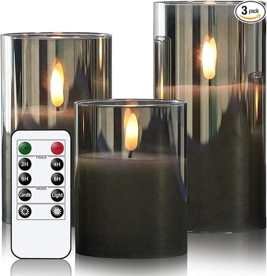 GenSwin Glass Flameless Candles with Remote Battery Operated Flickering LED Pillar Candles Real Wax 3D Wick for Wedding Festival Home Decoration(Gray,Pack of 3)