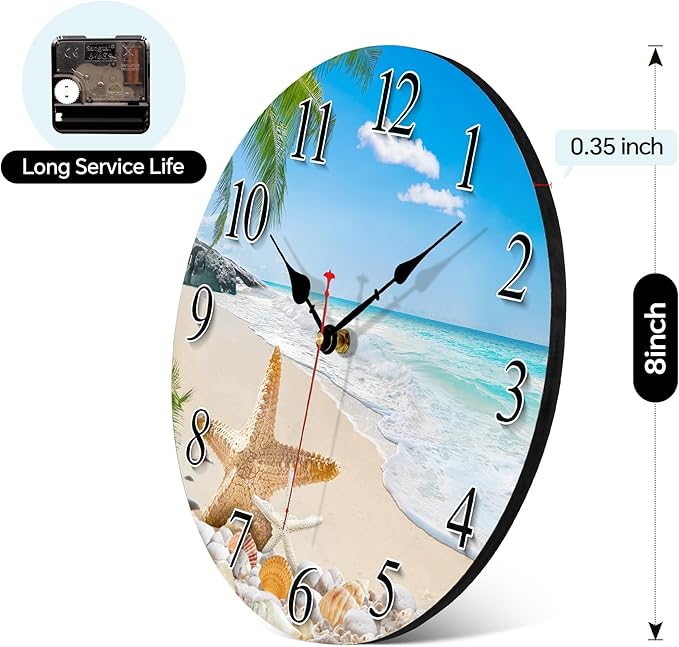 8 Inch Wall Clock Coastal Seashell Starfish Beach Decorative Clocks, Silent Non Ticking Battery Operated Palm Tree Wall Clock for Bedroom/Living Room/Kitchen