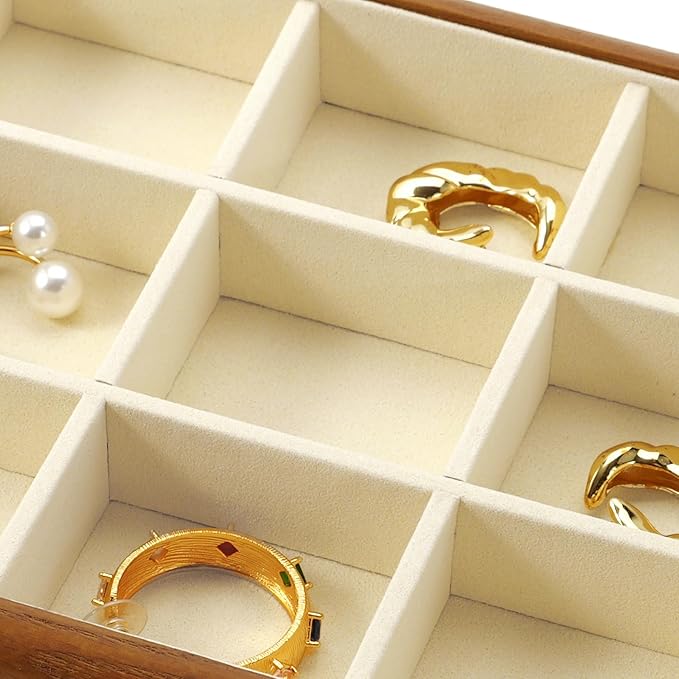 Oirlv Solid Wood 12 Grid Jewelry Organizer Tray Jewelry Drawer Organizer for Rings Earrings Storage Display(Creamy-white)