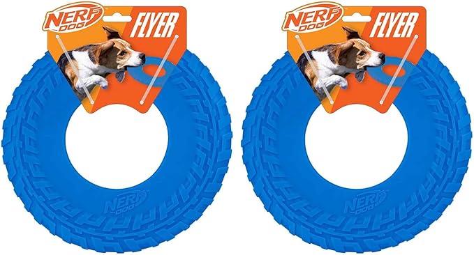 Nerf Dog Tire Flyer Outdoor Dog Toy, 10 Inch Flying Disc Dog Fetch Toy, Rubber Dog Toy for Medium Dogs and Large Dogs, Blue (Pack of 2)