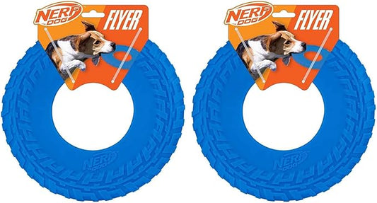 Nerf Dog Tire Flyer Outdoor Dog Toy, 10 Inch Flying Disc Dog Fetch Toy, Rubber Dog Toy for Medium Dogs and Large Dogs, Blue (Pack of 2)