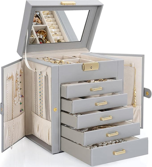 TORIBIO Large Jewelry Box for Women, Leather Jewelry Organizer with Mirror & Lock, 6-Tier Jewelry Storage Case for Girls/Women/Mothers, Necklace Earring Bracelets Holder Organizer