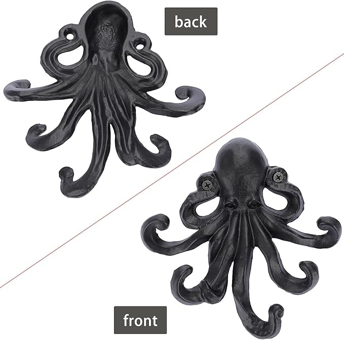 Sumnacon 6 Inch Cast Iron Octopus Coat Hook - Rustic Metal Wall Rack for Key Towel Bag, Hat Scarf with Screws, Decorative Duty Clothing Hanger for Bedroom Bathroom Kitchen Balcony Entry Door, Black