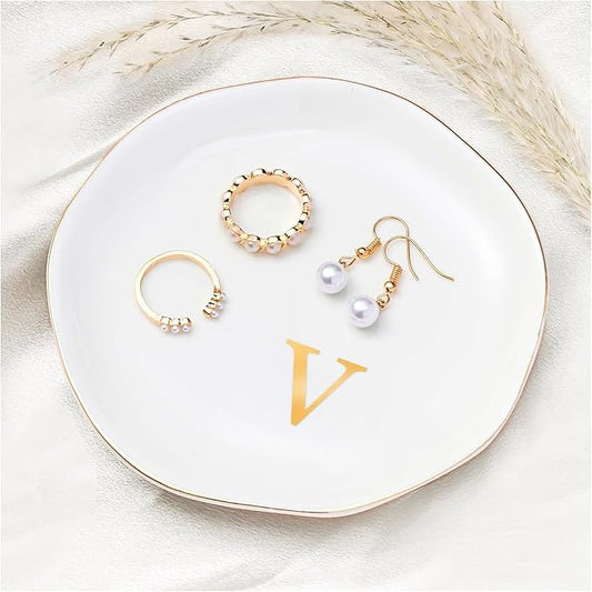 ProCase Ceramic Jewelry Tray, Initial Ring Dish Trinket Plate Engagement Gift, Small Personalized Monogram Ring Bowl for Wedding, White Decorative Jewelry Holder for Women Vanity -LetterV