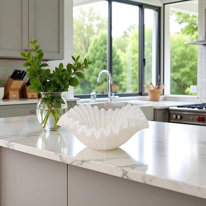 Braxio White Decorative Bowl – Resin Ruffle Bowl for Entryway, Dining Table Centerpiece, Fruit or Key Holder for Modern Home Decor, 12 Inch Art Deco Style