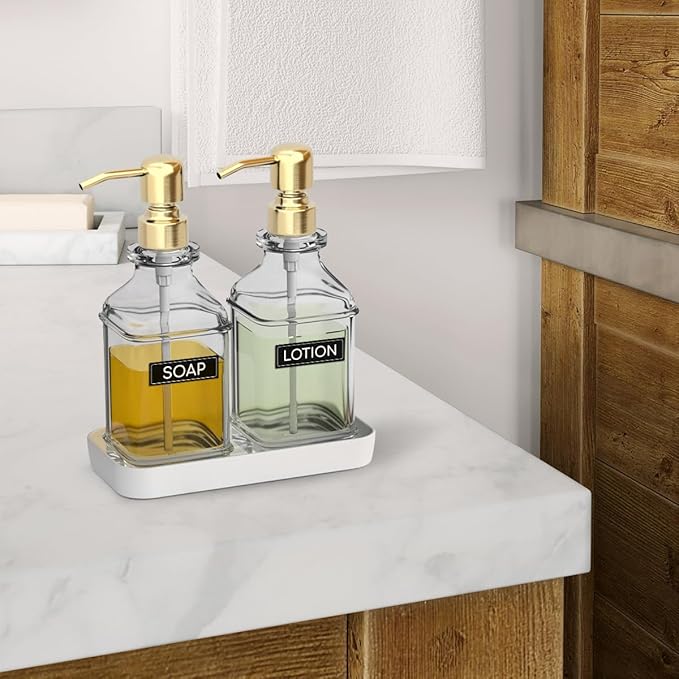 Soap Dispenser - 2 Pack, Antique Design Thick Glass Hand Soap Dispensers with Sturdy Tray; 304 Rust Proof Stainless Steel Pump, 12Pcs Stickers, for Kitchen, Bathroom