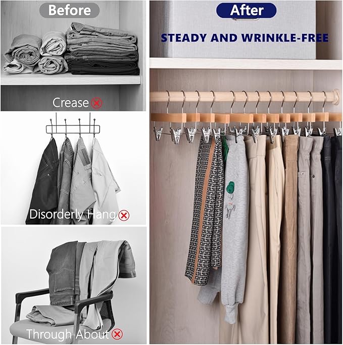 Amber Home 10 Pack Natural Wooden Pants Hangers with Clips, Wood Skirt Hangers Trouser Hangers for Jeans, Slacks, Shorts with 2-Adjustable Clips
