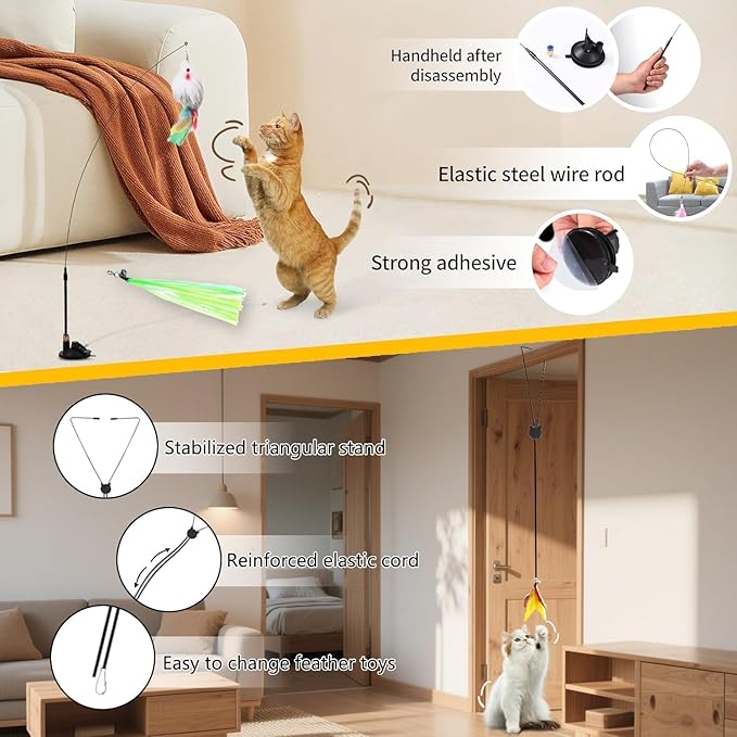 4-in-1 Interactive Cat Feather Toys with Durable Retractable Fishing Pole, 11 Attachments Replacements and Interactive Cat Toys for Indoor Cats