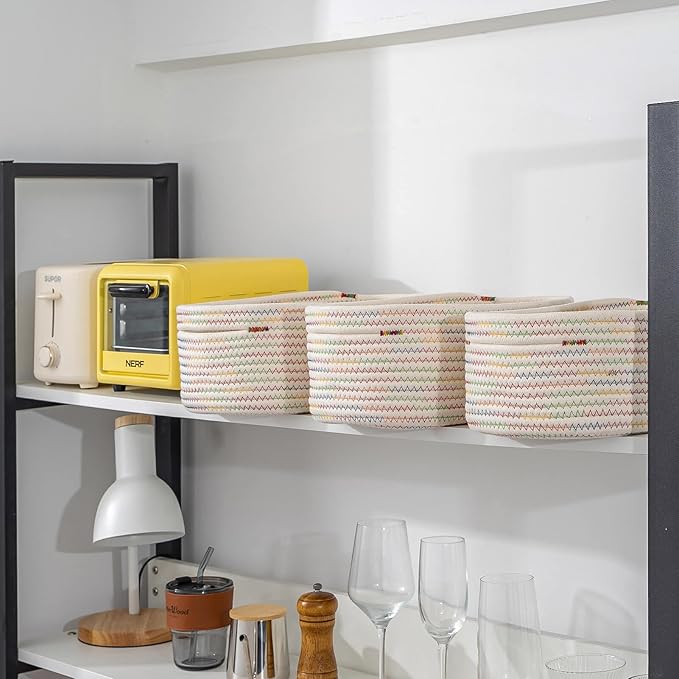 CubesLand Small Woven Baskets,Cute Baskets or Shelf Set 2,Cube Organizer Basket Bin,Soft Toys Storage Basket,Baby Nursery Basket Bin,Home Decor 12"D x 8"W x 5"H Rainbow Stitches