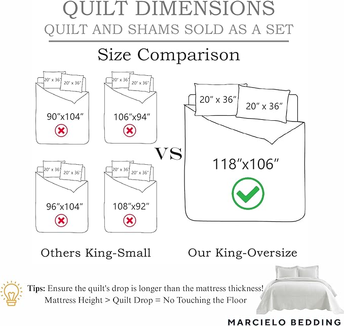 MarCielo 3-Piece 100% Cotton Oversized Bedspread Lightweight Quilt Coverlet Embroidery Farmhouse Bedding Set T0 (Aruba Blue, Oversized King (118"x106"))