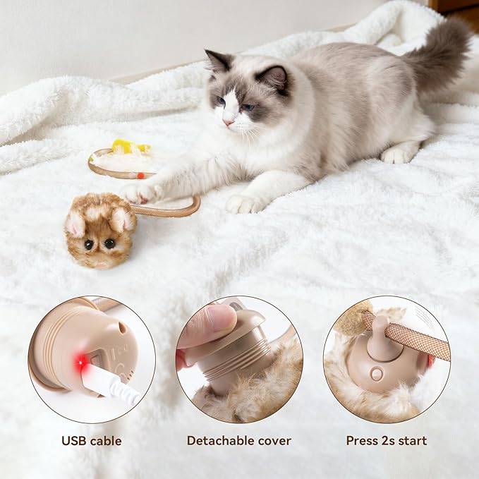 Migipaws Interactive MigiMouse Cat Toy 360° Rolling & Spin with Wiggling Tail for Indoor Cats Smart Motion Sensor, Realistic Squeak, Rechargeable Plush Kitten Toy(Brown Long)