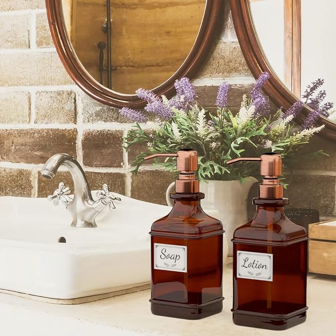 GLADPURE Soap Dispenser 2 Pack, Hand Soap Dispensers with 18 Oz Antique Design Thick Amber Glass Bottle, 316 Rust Proof Stainless Steel Pump, 6Pcs Stickers, for Lotion, Soap - Brushed Copper