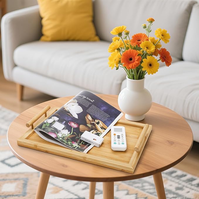 2 Pack Bamboo Serving Tray with Handles, Decorative Rectangular Food Platter, Wooden Potable Bed Tray for Entertaining, Kitchen Counter, Party Display, Living Room, Breakfast Dinner Eating