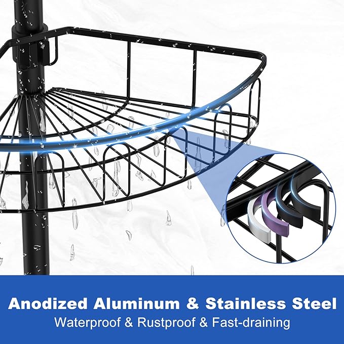 Corner Shower Caddy Tension Pole: Aluminum Shower Caddy Rod with Stainless Steel 4 Tier Adjustable Rustproof Shelves Organizer for Bathroom, 47-121 inch, No Drilling Quick Installation Heavy Duty