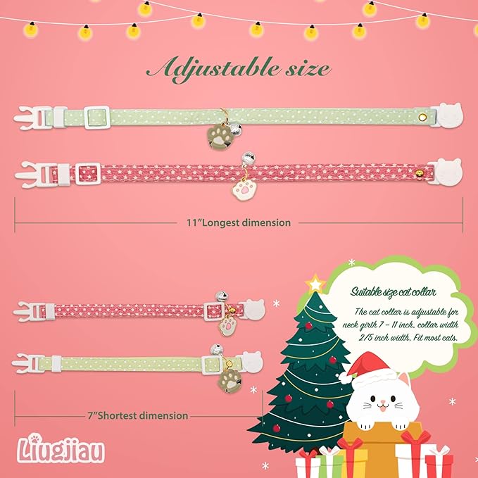 2 Pack Cotton Breakaway Cat Collar with Bell Pink & Green Paw Pendant Cute Kitten Cat Collar Suitable for Girls and Boys