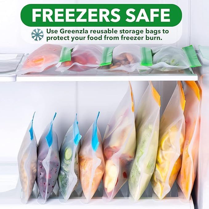 GREENZLA Planet Friendly Reusable Freezer Bags, 8-Pack Extra Thick and Leakproof & Resealable - For Safe Food Storage, Marinating, Snacks, & Meal Prep, Reusable Bags for Food, & Freezer Safety