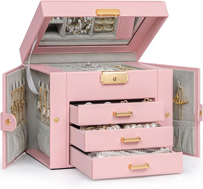 TORIBIO Jewelry Box for Women, Leather Jewelry Organizer with Mirror & Lock, 4-Tier Jewelry Storage Organizer with 3 Drawers for Girls/Women/Mothers, Necklace Earring Bracelets Holder Organizer