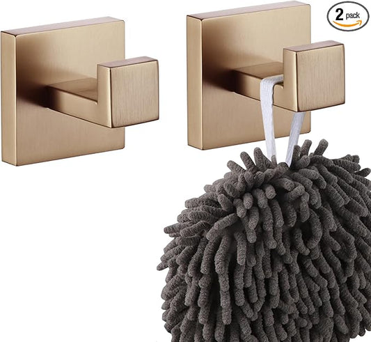KOKOSIRI Robe Hooks for Bathrooms Towel Hooks Coat Hook Kitchen Garage Heavy Duty Wall Mounted Champagne Bronze Stainless Steel, 2 Pack B1010CPG-P2