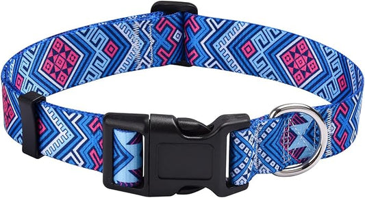 Dog Collar with Bohemia Floral Tribal Geometric Patterns - Soft Ethnic Style Collar Adjustable for Small Medium Large Dogs(Blue Ethnic Style,M)