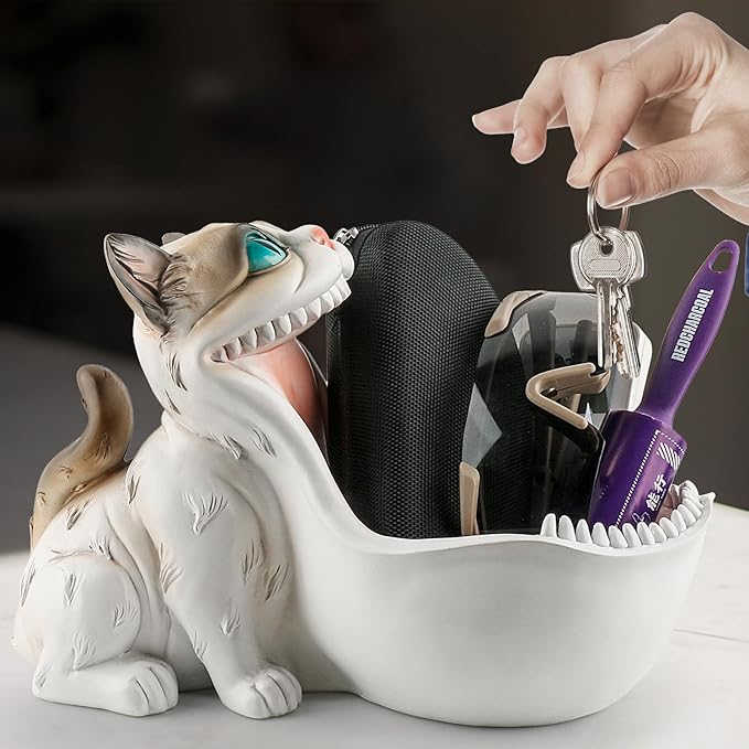 Candy Bowl White Cat Statue Trinket Dish Planter Decorative Bowl Candy Dish for Office Desk Cute Key Bowl for Entryway Table Big Mouth Cat Gifts