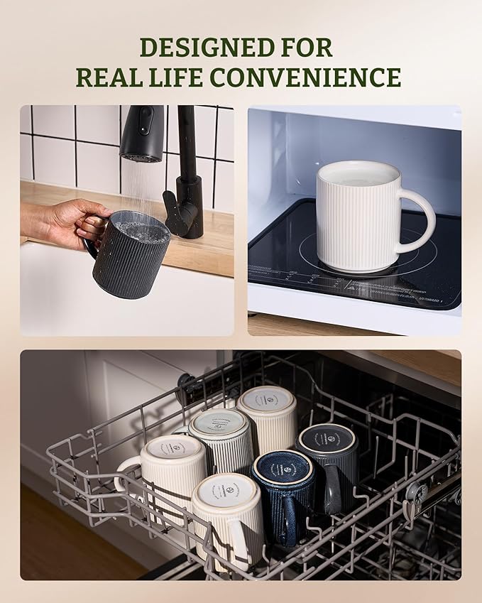 famiware Coffee Mug Set for 6, Star 16 oz Catering Mugs Cup Set with Handle for Coffee, Tea, Cocoa, Milk - Ceramic Stoneware Drinkware Set, Matte White + Matte Dark Charcoal