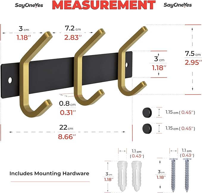 Small Coat Rack Wall Mount – Black and Gold Hook Rail with 3 Double Coat Hooks, 9 Inch Stainless Steel Wall Hooks for Entryway, Bathroom, Bedroom, Closet, Towel, Hat, Bag, Heavy Duty Organizer