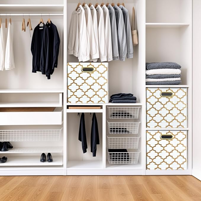 11x11x11 Cube Storage Bins, Collapsible Storage Bins Fabric Storage Cubes Organizer Baskets Box Drawers for Shelves, Closet, Wardrobe, Bookshelf, Cabinet, 3 Pack, White & Gold