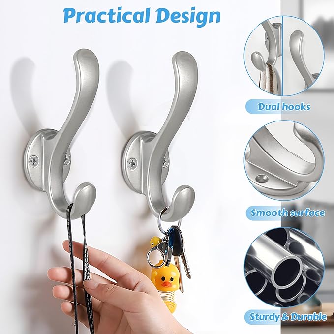 10 Pack Coat Hooks Wall Mount Heavy Duty Utility Retro Double Hooks for Hanging Coats,Hat, Towel, Key, Robe, Scarf, Bag, Cap (Silver)
