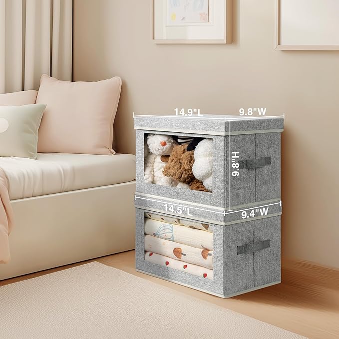 Storage Boxes with Lids - 3 Pack Fabric Clear Window Storage Bins, Collapsible Storage Bins with Lids, Linen Closet Organizer for Clothes, Towel, Blanket, Light Grey