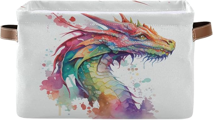 Large Storage Basket Watercolor Dragon Cube Storage Bin Canvas Fabric Organizer Handles Collapsible for Clothes Toys Bedroom Decorative