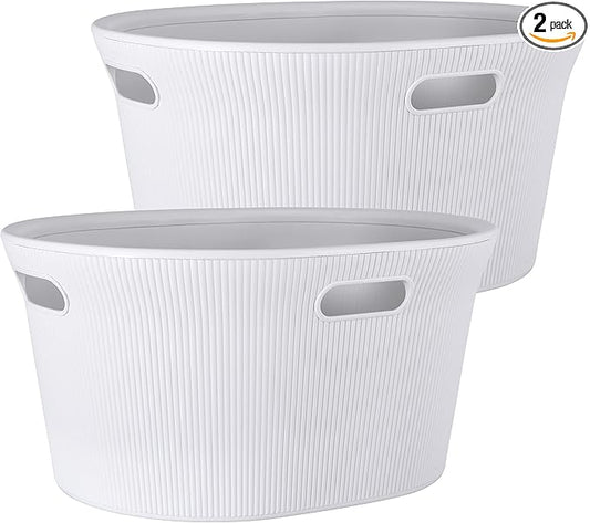 Superio Ribbed Collection - Decorative Plastic Laundry Basket with Cut-Out Handles, White Smoke (2 Pack) Hamper Organzier for Bedroom Bathroom College Dorm Room 35 Liter