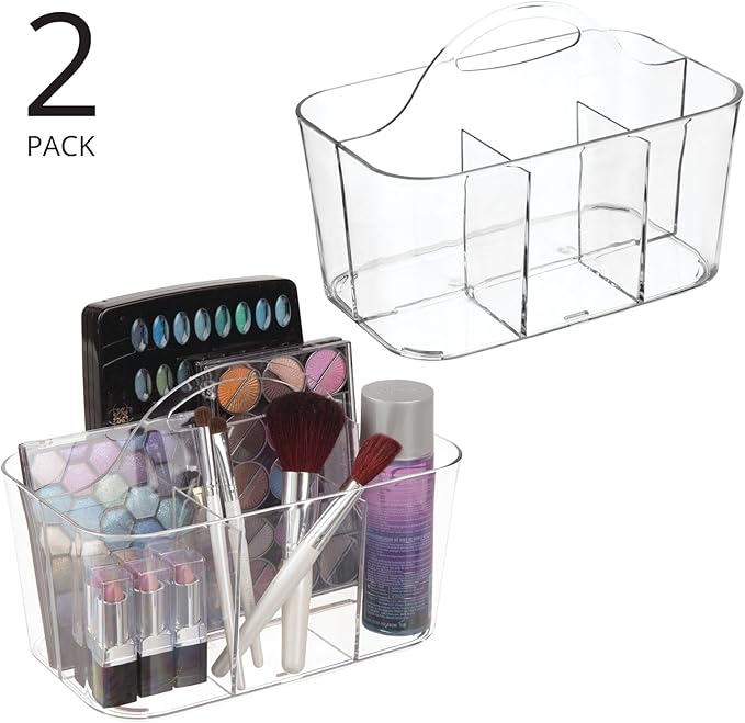 mDesign Plastic Makeup Storage Organizer Caddy Tote, Divided Basket Bin, Handle for Bathroom, Hold Eyeshadow Palettes, Nail Polish, Brushes, Shower Essentials, Small, Lumiere Collection, 2 Pack, Clear