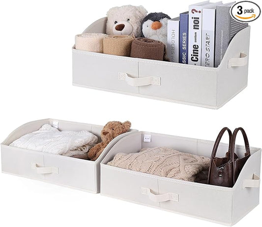 WUIKE 3 Pack Extra Large Closet Storage Bins with Handles, Fabric Trapezoid Storage Binsr for Organizing Clothes, Sheets, Blankets, White & Beige